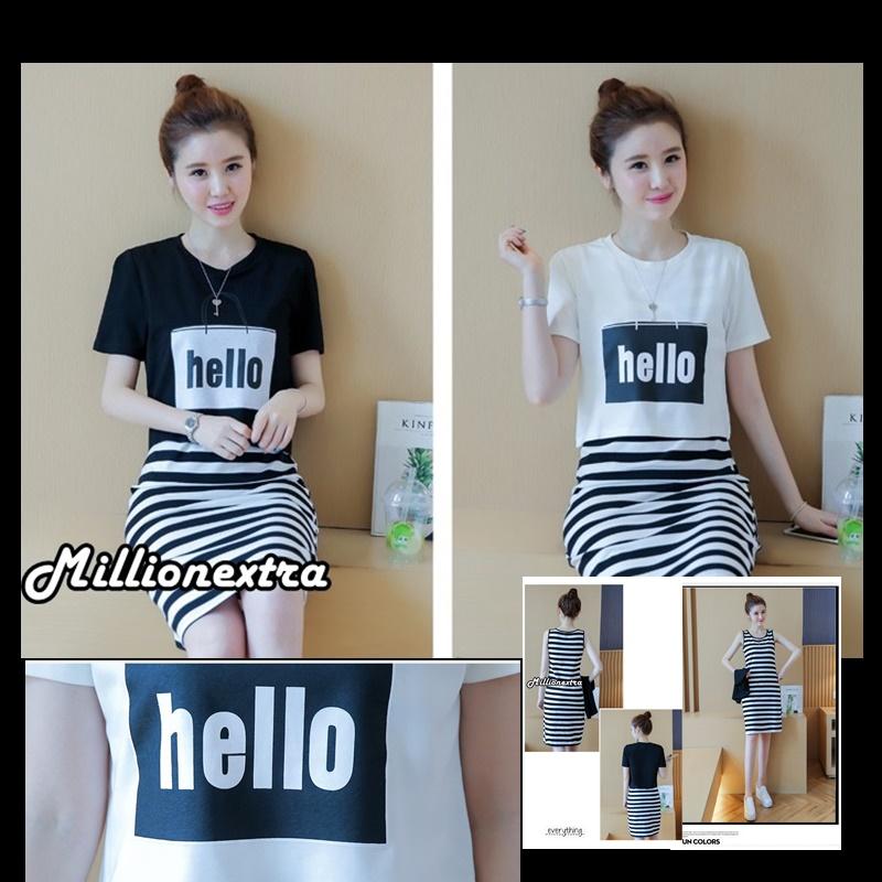 มิลเลี่ยนเดรส ชุดเดรสเกาหลี เดรสสั้นระดับเข่า ผ้ายืด สกรีน Hello สไตล์คุณหนู ^ไฮโซ สวยเก๋ แบบใหม่ล่าสุด ใส่ได้2แบบ พร้อมส่งสีดำ-ขาว**