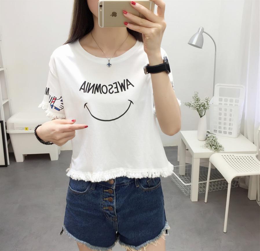 Fashion Baby เสื้อยืดแฟชั่น ผู้หญิง คอกลม แขนสั้น แต่งระบายปลายแขน สกรีนตัวหนังสือด้านหน้า (สีขาว)รุ่น 316