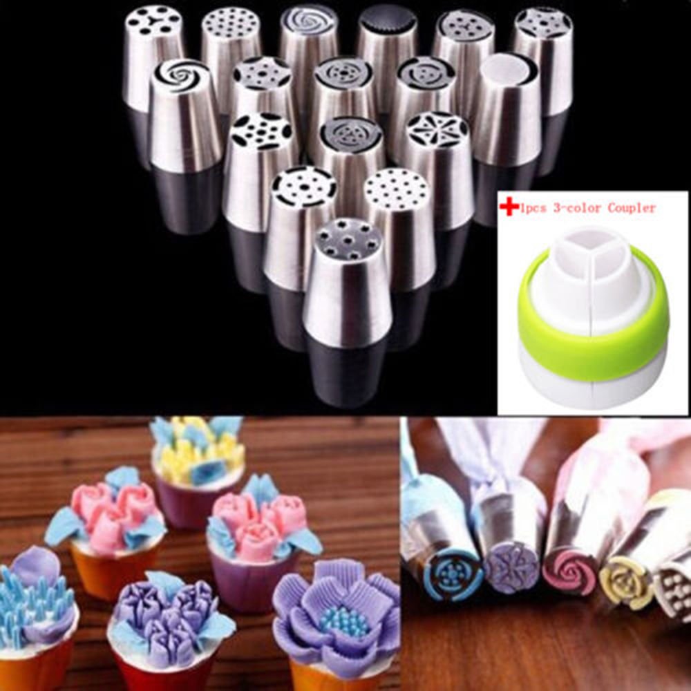 17 ชิ้นดอกไม้รัสเซีย Icing หัวบีบครีมตกแต่งเคล็ดลับอุปกรณ์อบขนมเครื่องมือ - INTL
