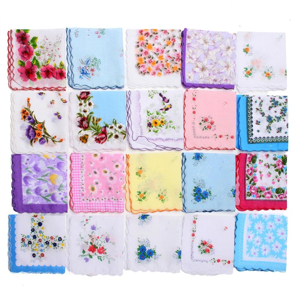 20 ชิ้น VINTAGE สไตล์ดอกไม้ผ้าเช็ดหน้าลายดอกไม้ Lady ผู้หญิงเด็กฝ้าย Hanky - INTL