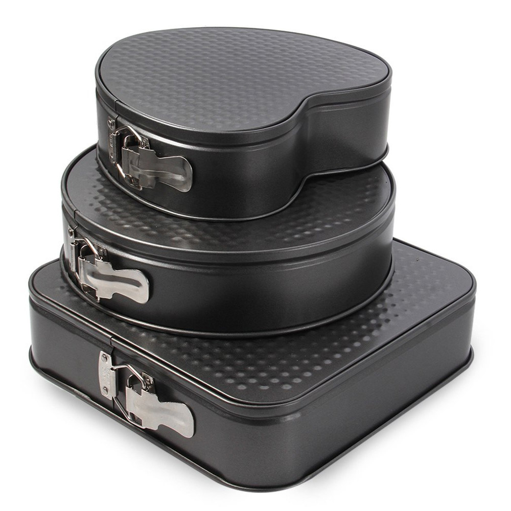 3ชิ้นเค้กรูปทรงสี่เหลี่ยมรอบแม่พิมพ์หัวใจ nonstick Springform
เบเกอรี่แพนเซ็ตเครื่องมือที่ด้านล่างสปริงถอดสลักสีดำ
