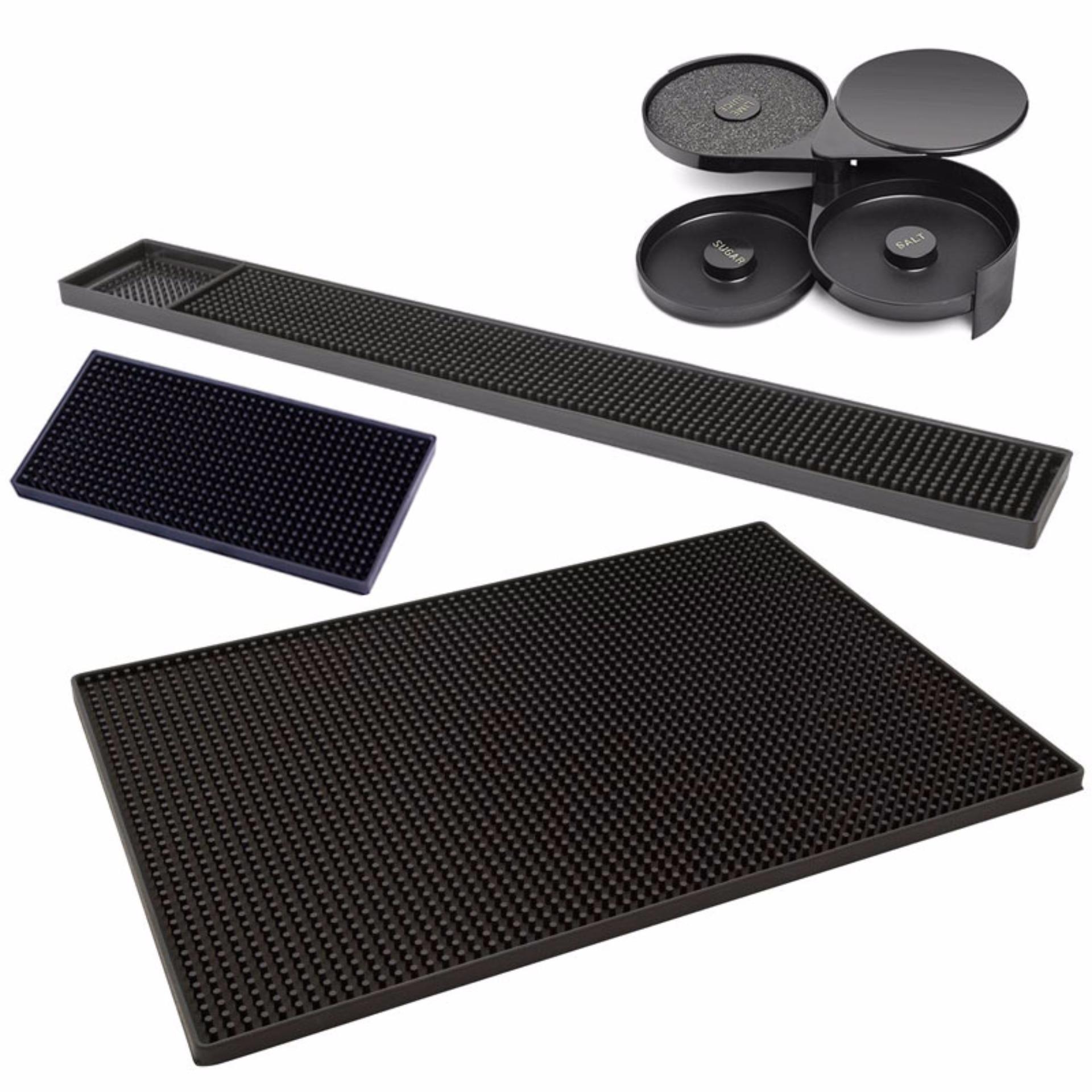 ยางรองเชคเกอร์ 6x12 นิ้ว ( Shaker Mat ) + ยางรองแก้วสำหรับบาร์เหล้า สีดำ ขนาด 3.25 x 24 นิ้ว ( Bar mat ) + แผ่นยางรองแก้ว 12"x18" สีดำ ( Bar mat ) + ถาดใส่เกลือ,น้ำตาล + ฟองน้ำ ( 3 ถาด ) Glass Rimmer