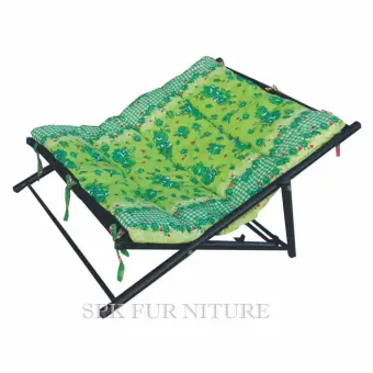 KMP Furniture เตียงนอนพักผ่อน โครงเหล็ก รุ่น นอนคู้นั่งพับได้ ผ้าลาย (สีโทนลายสีเขียว)