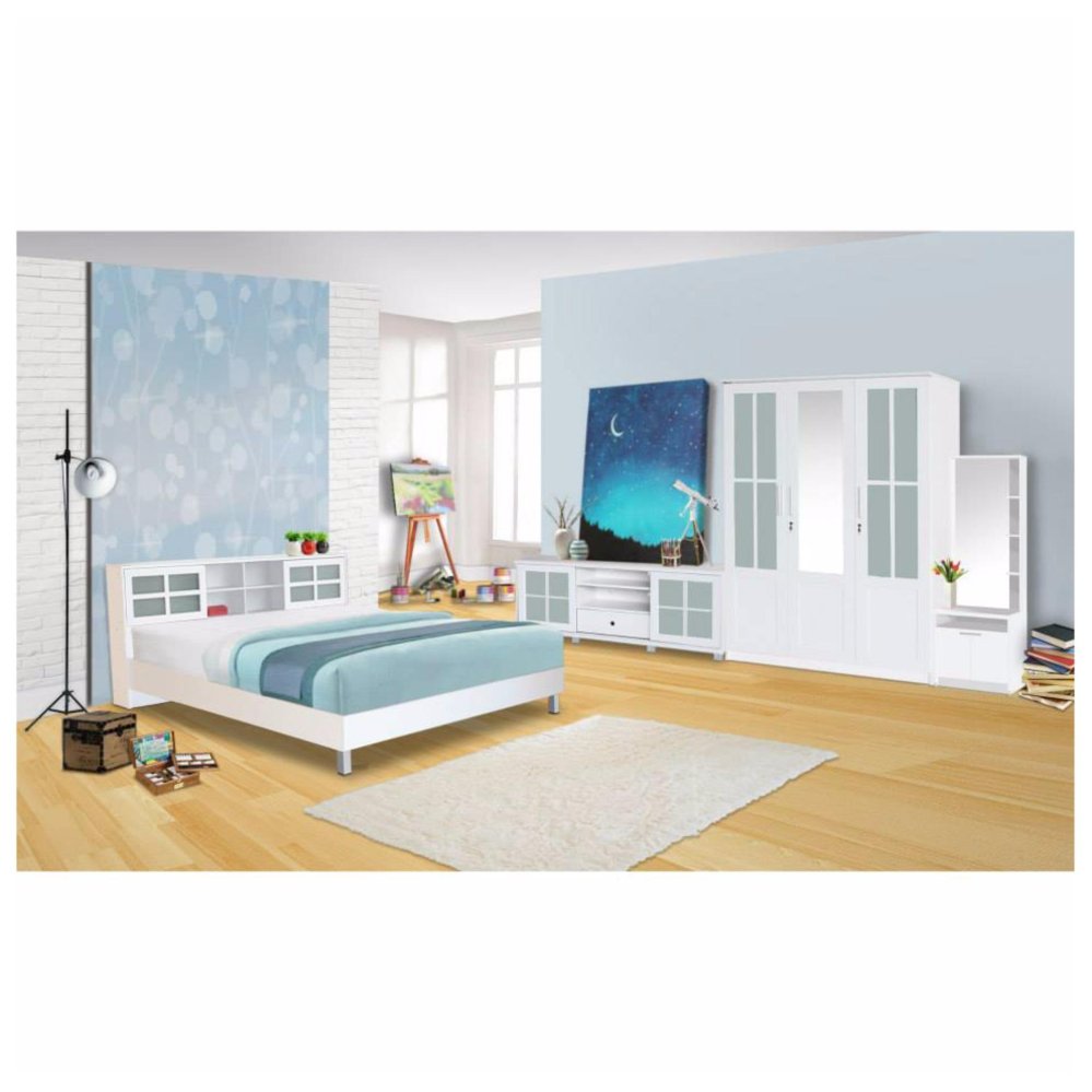 RF Furniture ชุดห้องนอนบานเลือน 6 ฟุต เตียง 6 ฟุต + ตู้เสื้อผ้า 3 บาน + โต๊ะแป้งยืน 60 cm + ตู้วางทีวี ( สี ขาว ) RF Furniture ชุดห้องนอนบานเลือน 6 ฟุต เตียง 6 ฟุต + ตู้เสื้อผ้า 3 บาน + โต๊ะแป้งยืน 60 cm + ตู้วางทีวี ( สี ขาว )