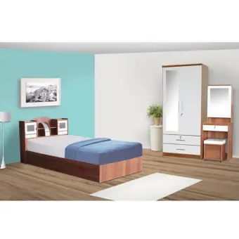 RF Furniture ชุดห้องนอนD3 เตียง 3.5 ฟุต + ตู้เสื้อ 90 cm + โต๊ะแป้ง60cm + ที่นอนสปริง ( สีสัก / ขาว )