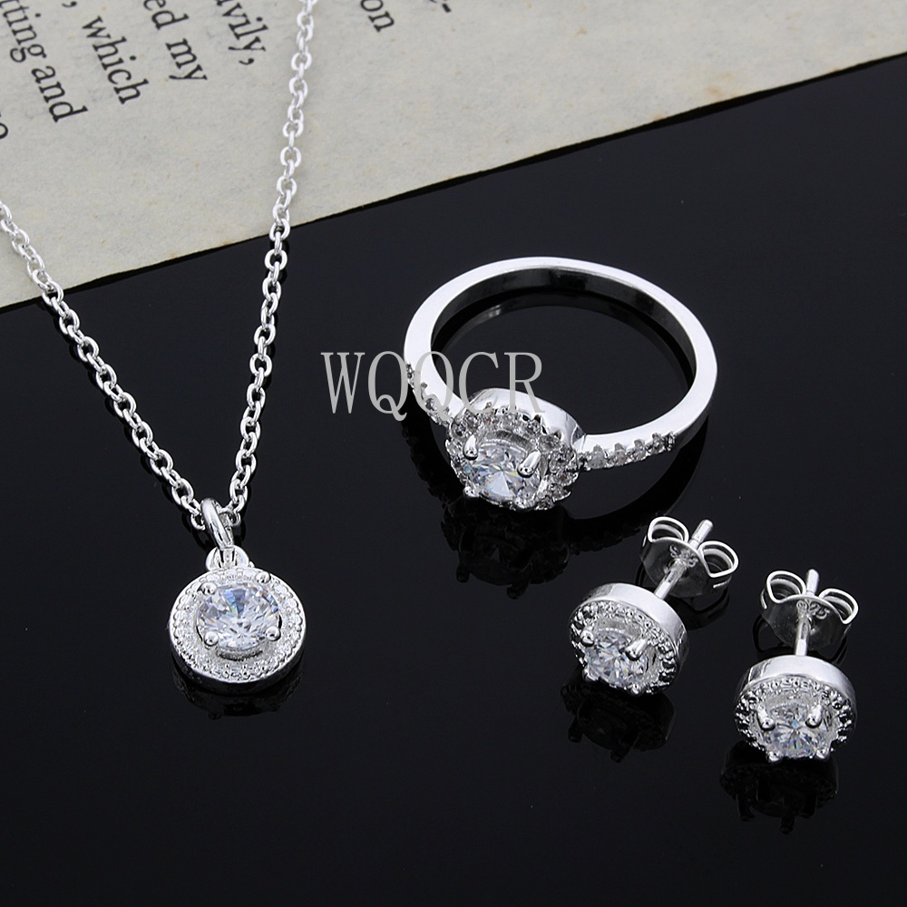 Women Fashion 925 Silver Jewelry Set NecklaceEarringsRings Luxury AAA