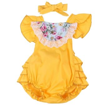 2 ชิ้นทารกแรกเกิดเด็กสาวลายดอกไม้ผ้าฝ้ายนุ่ม Romper Jumpsuit + ที่คาดผมชุดเครื่องแต่งกาย (สีเหลือง) - นานาชาติ