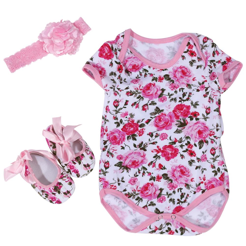 3 ชิ้น/เซ็ตผ้าฝ้ายแขนสั้นเสื้อผ้าเด็กทารกพร้อมสายรัดศรีษะและรองเท้า (Rose)