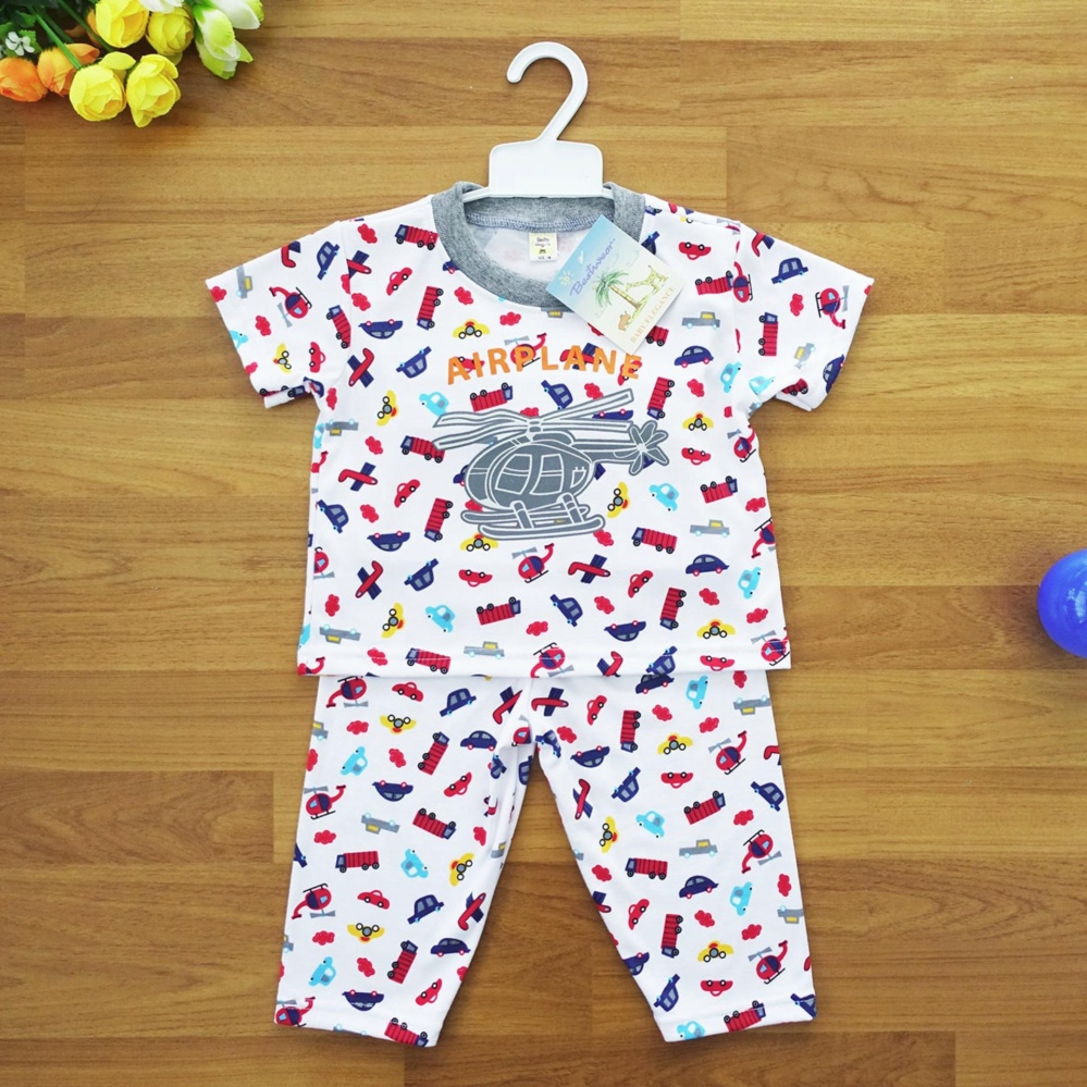 Baby Elegance ไซส์ 18M (18 เดือน) เซ็ต 2 ชิ้น เด็กชาย ชุดนอน เสื้อแขนสั้น กางเกงขายาว เฮลิคอปเตอร์ helicopter เครื่องบิน ผ้า cotton interlock 2 หน้า นุ่ม สบาย