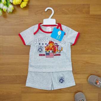 Baby Elegance ไซส์ 3-9 เดือน เซ็ต 2 ชิ้น เด็กชาย เสื้อแขนสั้นไหล่เกย รถดับเพลิง กางเกงขาสั้น สีเทา ผ้า cotton 100% นุ่มใส่สบาย