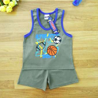 Cumbia ไซส์ 4 (3-4 ปี) เด็กชาย เซ็ต 2 ชิ้น เสื้อกล้ามสีเขียวขี้ม้า ลายฟุตบอล ลูกบาส ลูกรักบี้ สีเทา กางเกงขาสั้น เนื้อผ้า Cotton 100% นุ่มใส่สบาย เหมาะสำหรับอากาศร้อน