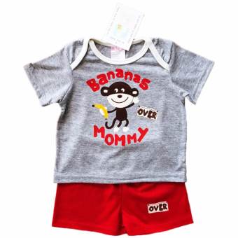 Le Bon Baby ไซส์ 3/6 (3-6 เดือน) เซ็ต 2 ชิ้น เด็กชาย เสื้อแขนสั้นสีเทาลายลิงถือกล้วย กางเกงขาสั้นสีแดง