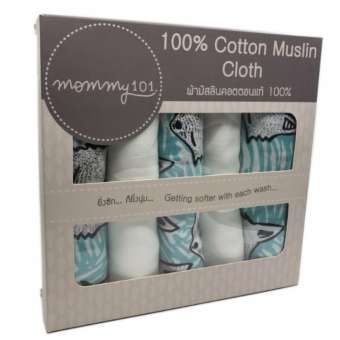 Mommy101 ผ้าอ้อม เนื้อมัสลินคอตตอนแท้ 100% ขนาด 23.5x23.5นิ้ว จำนวน 5ผืน (ลายจิ้งจอก+สีขาว)