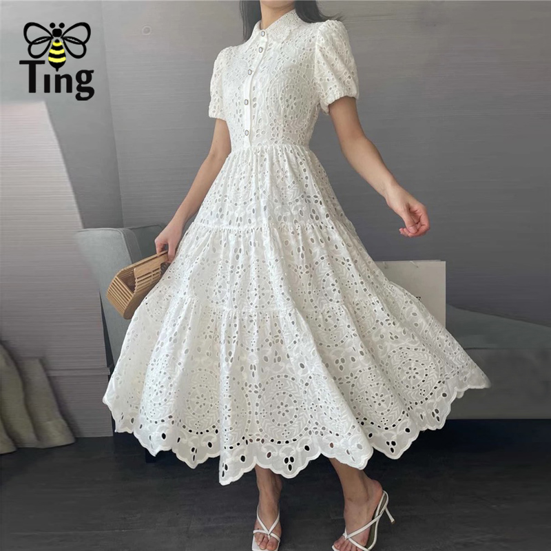 Tingfly Vintage Elegant Women Summer Embroidery Hollow Out Midi Long