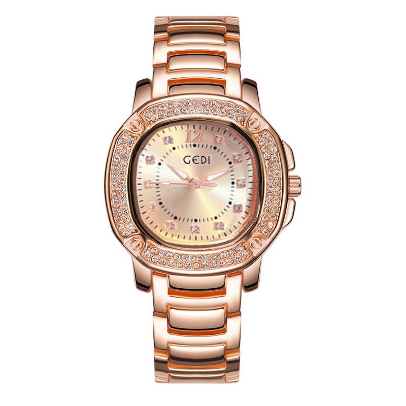 GEDI แท้100% นาฬิกาข้อมือ สไตล์ Casual Business Watch หน้าปัดโค้งมล ดีไซน์หรู ฝังเพชรรอบ สายแสตนเลส กันน้ำได้ รุ่น ZD-0157 สีพิ้งโกลด์ (Pink Gold)