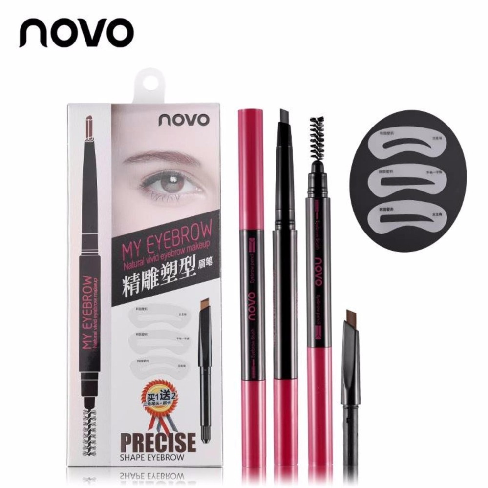 ☆01 Dark Coffee PRECISE Novo My Eyebrow Natural Vivid Eyebrow Makeup ดินสอเขียนคิ้ว+refill+บล๊อคคิ้ว3แบบ