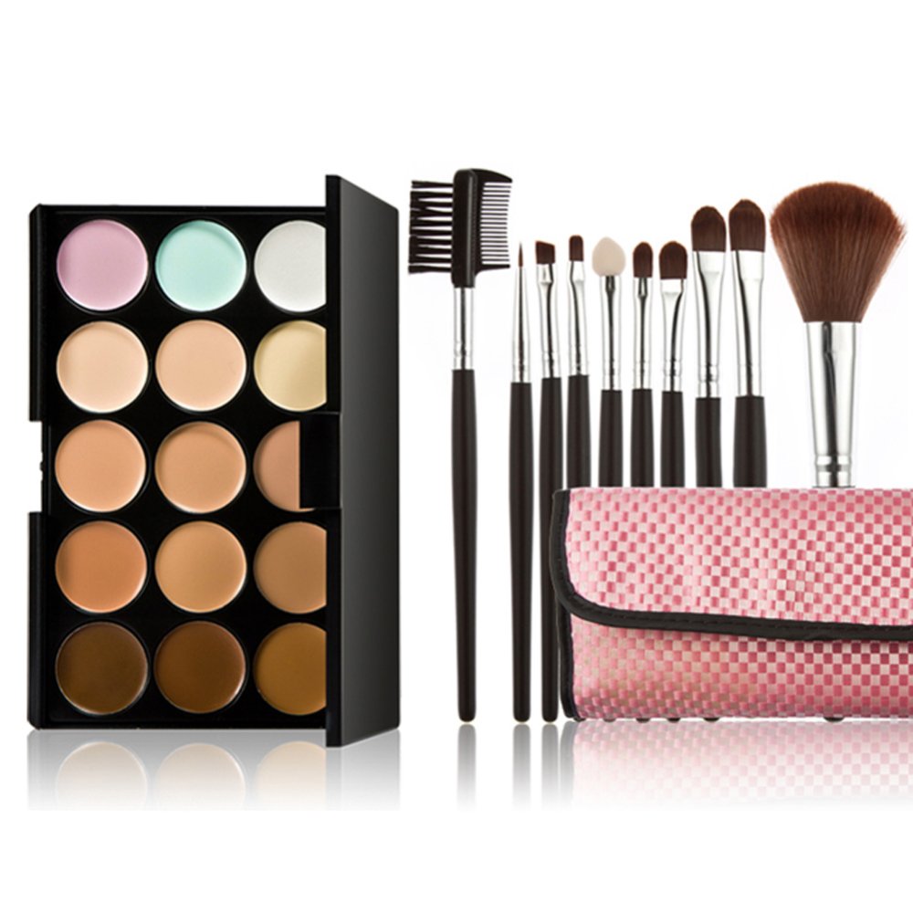15 colours Pro แต่งหน้าคอนซีลเลอร์ครีมพาเล็ทแต่งหน้า 10 ชิ้นแปรงสีชมพู