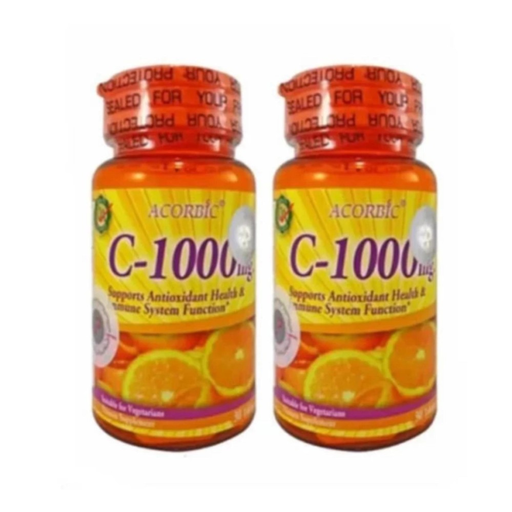 Acorbic VITAMIN C-1000mg . ผลิตภัณฑ์เสริมอาหาร วิตามินซี บรรจุกระปุกละ 30 เม็ด (2 กระปุก)