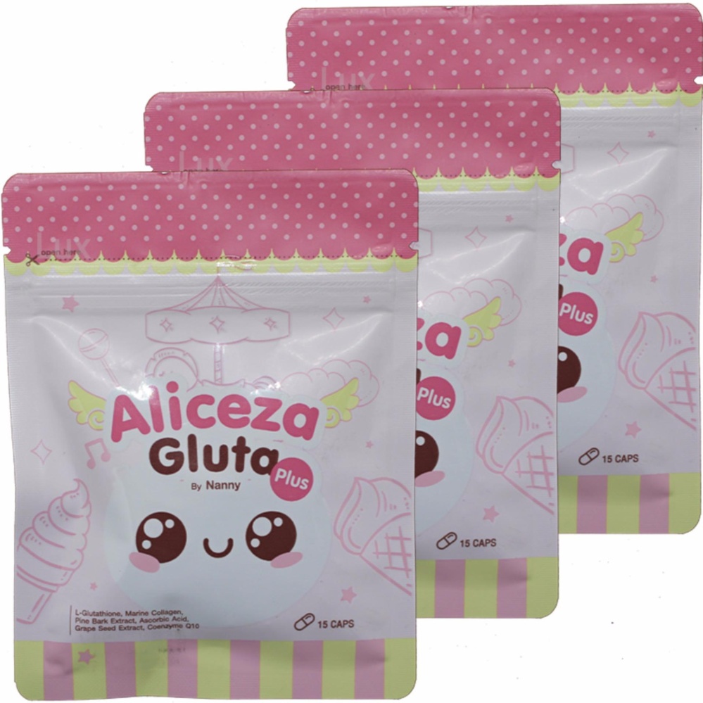 แพคใหม่ ไฉไลกว่าเดิม Aliceza Gluta By Nanny เอลิซซ่ากลูต้า บายแนนนี่ กลูต้าผสมคอลลาเจน เพิ่มผิวขาวเนียนใส ขนาดบรรจุ 15 แคปซูล (3 ซอง)