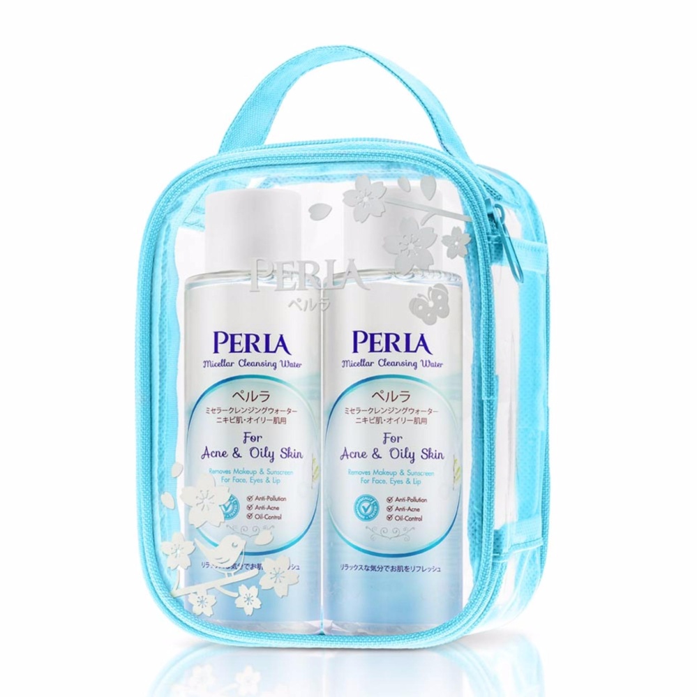 PERLA Micellar Cleansing Water for Acne & Oily Skin 200 ml. 2 ชิ้น ฟรี! PERLA Zipper Bag