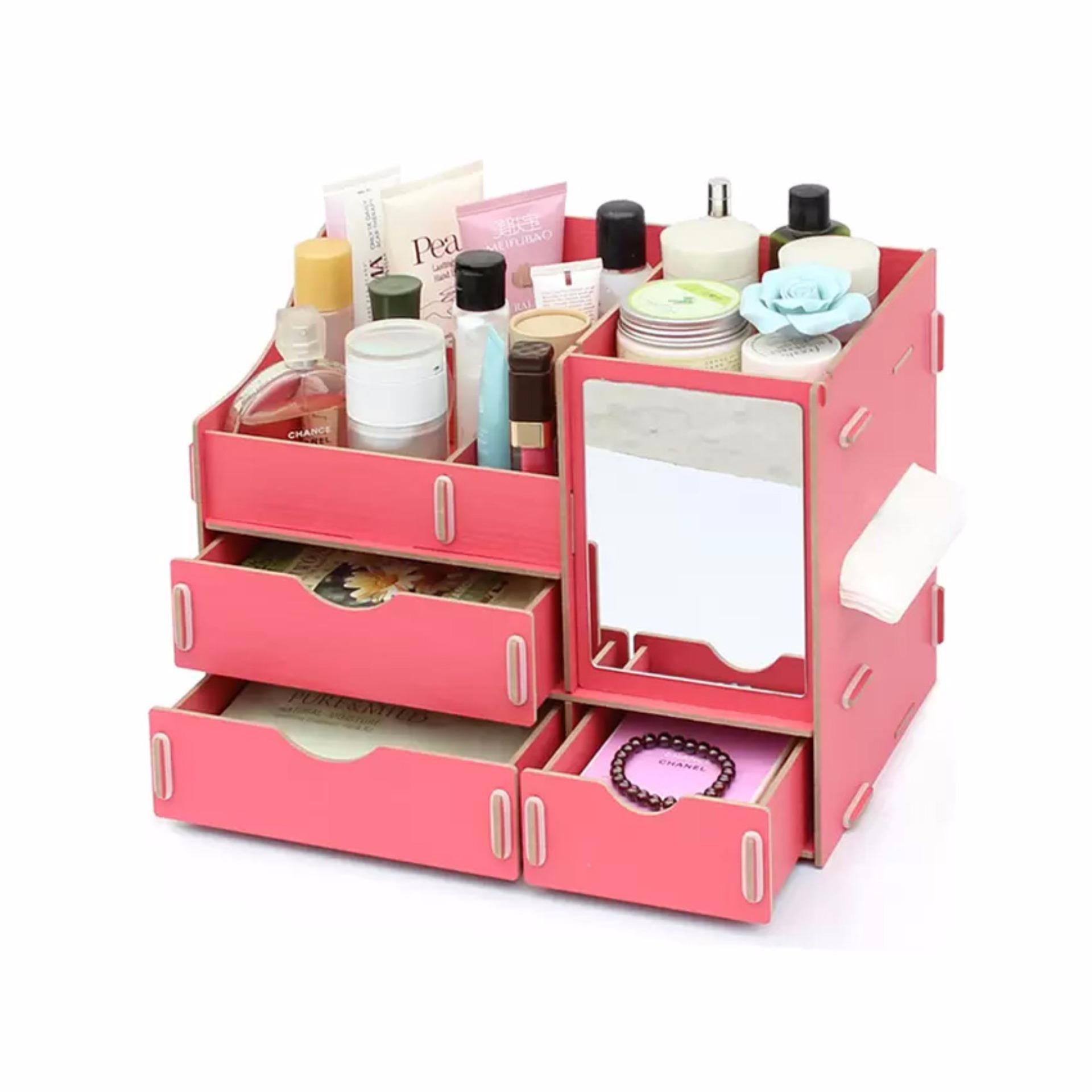 Cosmetic shelf ชั้นวางเครื่องสำอาง กล่องเก็บเครื่องสำอาง แบบมีกระจกด้านข้าง ลายไม้ สีฟ้า ลายดอกไม้
