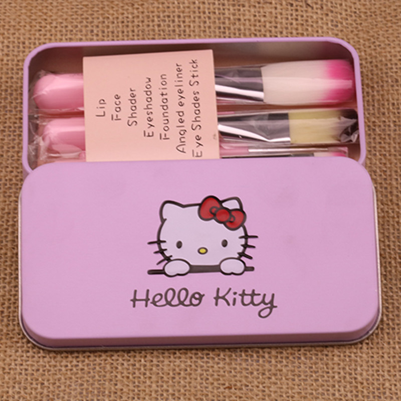 Hello Kitty แปรงแต่งหน้า 7 ชิ้นเซตแปรงบลัชออนกล่องเหล็กเครื่องแต่งหน้าเครื่องมือแปรงสีริมฝีปาก