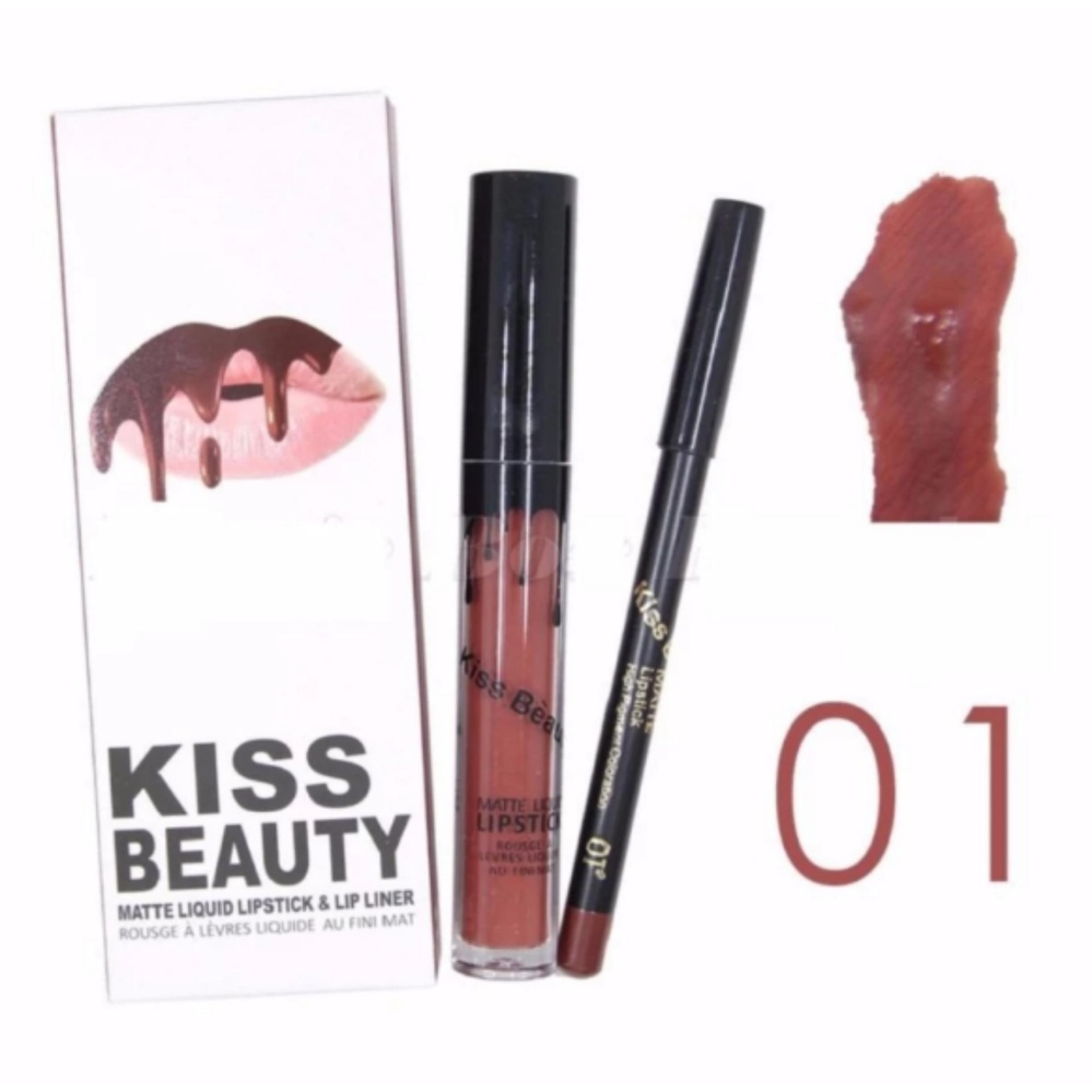 Kiss Beauty Matte liquid lipstick & lipliner No.1 สีน้ำตาลเข้ม Kiss Beauty Matte liquid lipstick & lipliner No.1 สีน้ำตาลเข้ม