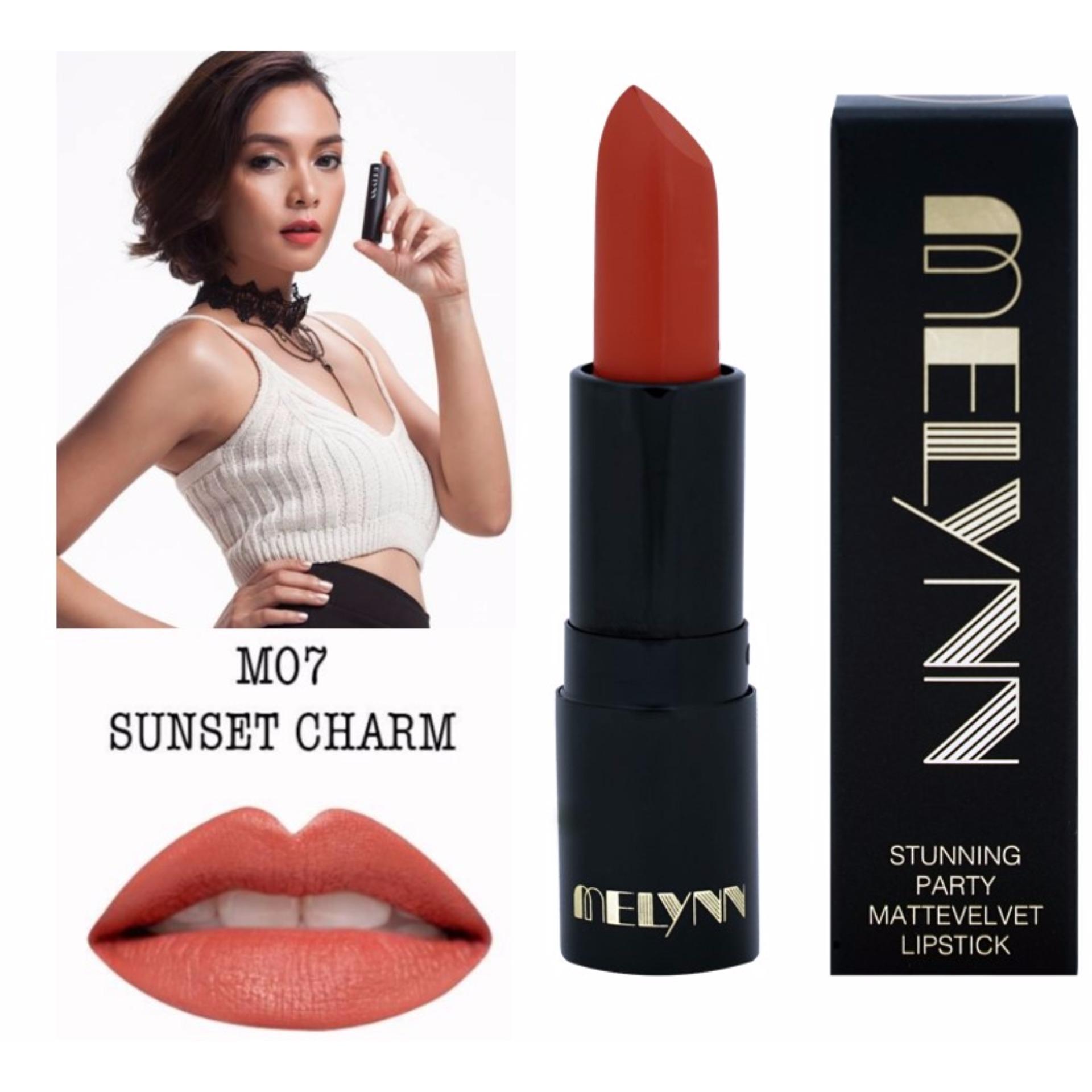 Melynn Stunning Party Matte Velvet Lipstick ลิปสติก เนื้อแมท โทนสีแดงสว่าง แดงพีช แดงส้ม แดงสด ส้มพีช ส้มอิฐ ส้มสว่าง M07 Sunset Charm 1แท่ง Melynn Stunning Party Matte Velvet Lipstick ลิปสติก เนื้อแมท โทนสีแดงสว่าง แดงพีช แดงส้ม แดงสด ส้มพีช ส้มอิฐ ส้มสว่าง M07 Sunset Charm 1แท่ง