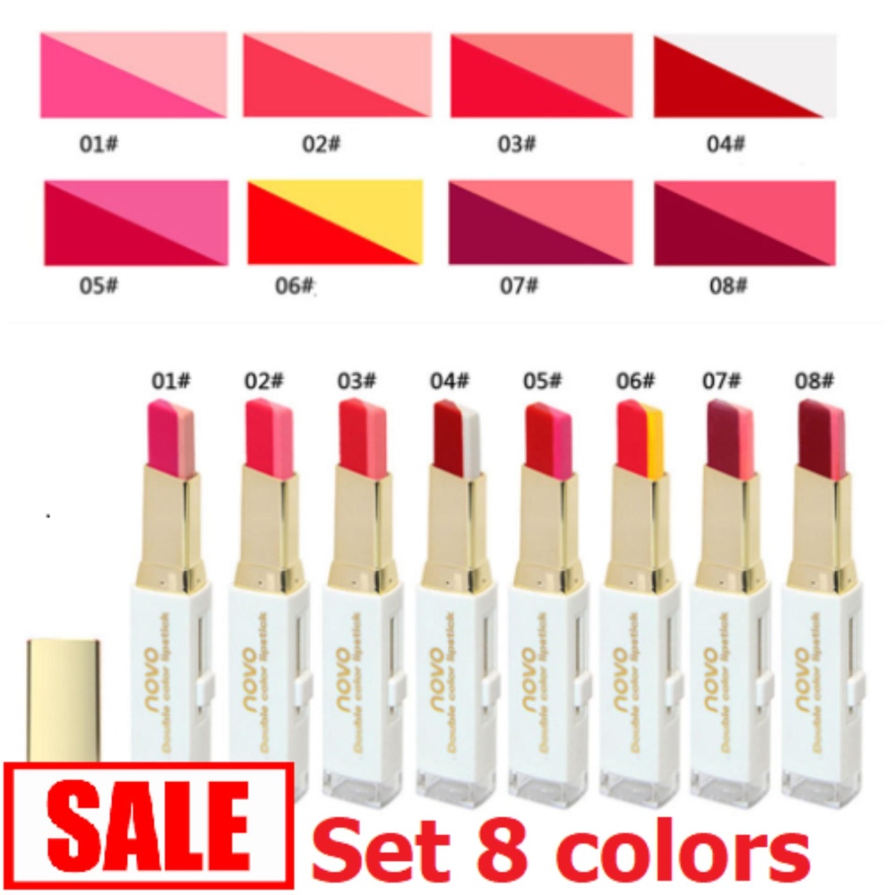Novo Double Color Lipstick (ครบเซ็ต 8 สี )โนโว ลิปสติก 2 สีในแท่งเดียว ลิปสติกทูโทน โทนสีสวยแซ่บ เนื้อเป็นลิปบาล์ม มีมอยเจอไรเซอร์ บำรุงริมฝีปาก ทาง่าย เฉดสีชัด ติดทนนาน 2 Tone