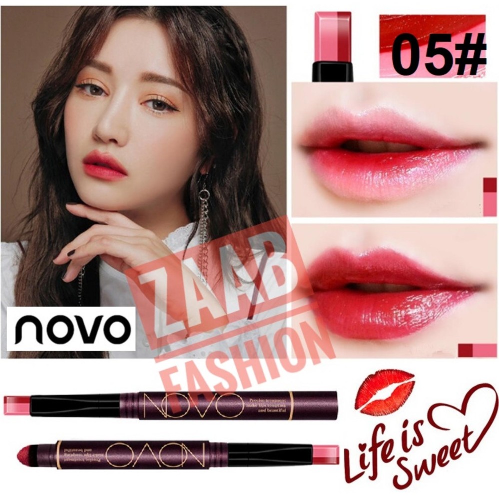 ใหม่ล่าสุด!!! Novo Lipstick ของแท้ 100% (Zaab Fashion)โนโวลิปสติก 2 สีในแท่งเดียว ลิปสติกทูโทน ใหม่ล่าสุดอีกด้านเป็นฟองน้ำ เนื้อเป็นลิปบาล์ม มีมอยเจอไรเซอร์ บำรุงริมฝีปาก ทาง่าย เฉดสีชัด กันน้ำ ติดทนนาน Novo 2 Tone