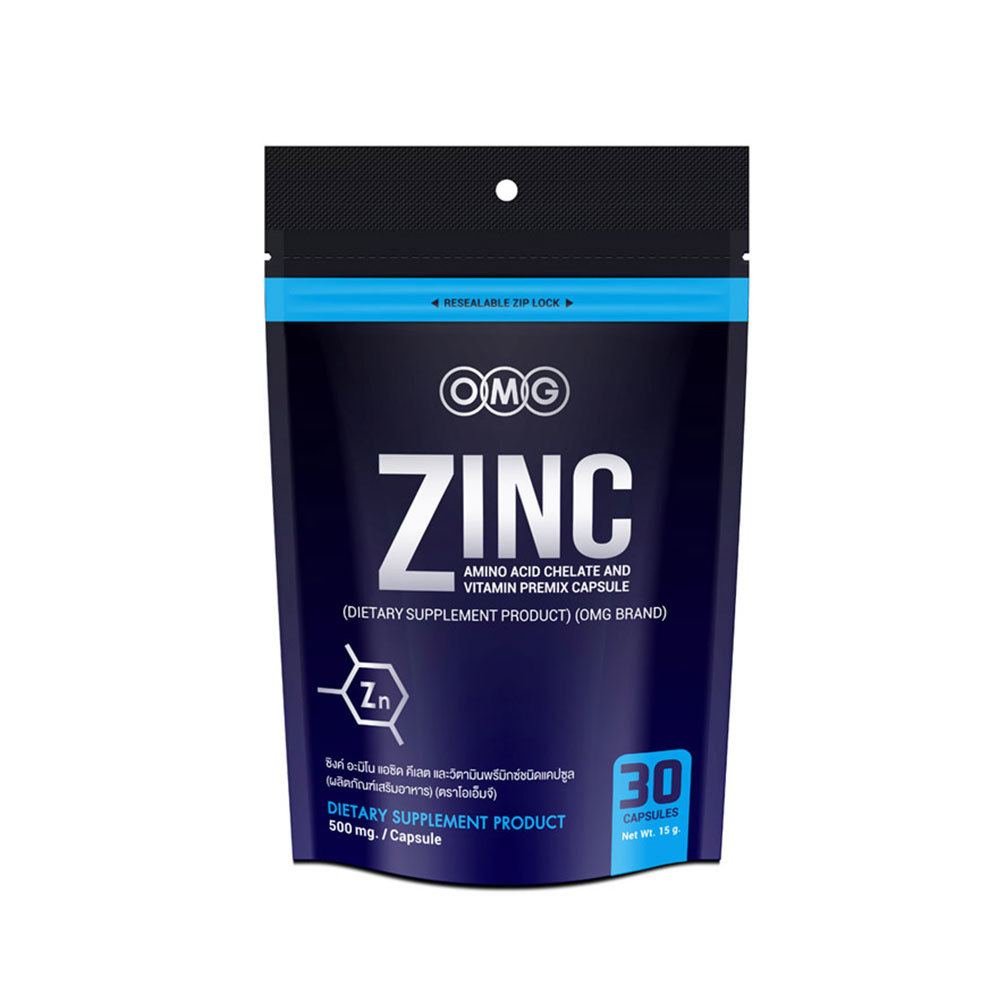 OMG Zinc Amino Acid Chelate plus Vitamin Premix Capsule ซิงค์ ผลิตภัณฑ์อาหาร 30 แคปซูล OMG Zinc Amino Acid Chelate plus Vitamin Premix Capsule ซิงค์ ผลิตภัณฑ์อาหาร 30 แคปซูล