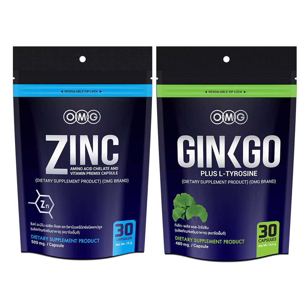 OMG Zinc Amino Acid Chelate plus Vitamin Premix Capsule ซิงค์ ผลิตภัณฑ์อาหาร 30 แคปซูล + OMG Ginkgo plus L-Tyrosine กิงโกะ ผลิตภัณฑ์อาหารเสริม จากสารสกัดใบแปะก๊วย 30 แคปซูล