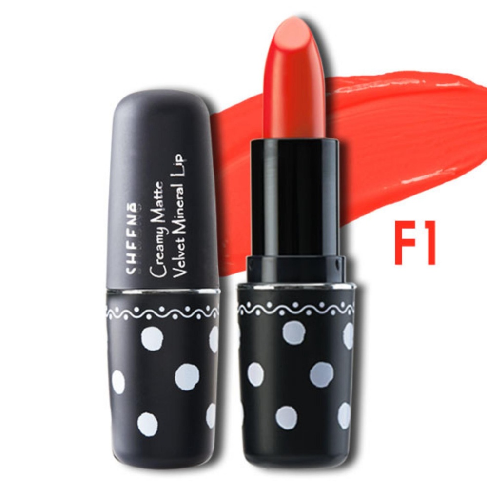 SHEENE CREAMY MATTE VELVET MINERAL LIP สี F1 ลิปสติกเนื้อครีมกึ่งด้าน ให้สัมผัสเนียนนุ่ม ดุจกำมะหยี่ในแบบ VELVET LOOKสัมผัสเข้มข้นทั้งชุ่มฉ่ำเนื้อกำมะหยี่ SHEENE CREAMY MATTE VELVET MINERAL LIP สี F1 ลิปสติกเนื้อครีมกึ่งด้าน ให้สัมผัสเนียนนุ่ม ดุจกำมะหยี่ในแบบ VELVET LOOKสัมผัสเข้มข้นทั้งชุ่มฉ่ำเนื้อกำมะหยี่