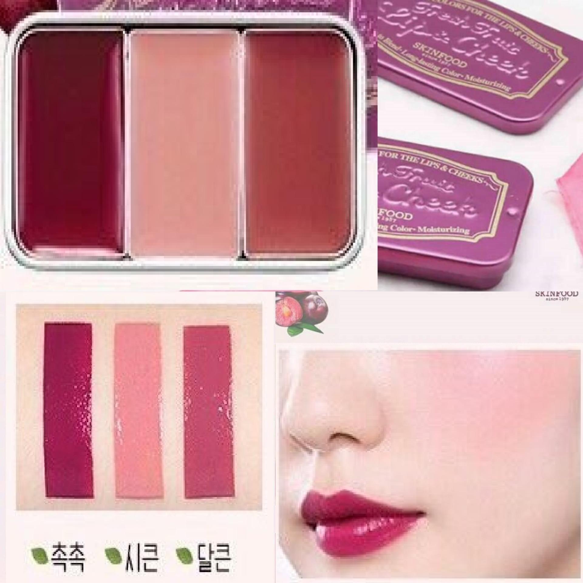 Skinfood Fresh Fruit Lip & Cheek Trio 2.5gx3 ลิป&บลัชออน 3 เฉดสีในตลับเดียว เนื้อเนียน สีสวยสดใส ติดทนนาน สามารถทาได้ทั้งแก้มและปาก