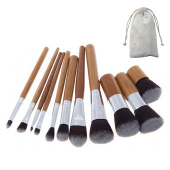 Sun Brown Wood Handle Beauty tools ชุดแปรงแต่งหน้า 11 ชิ้น ขนแปรงนุ่ม ด้ามไม้ พร้อมถุงผ้าพกพา