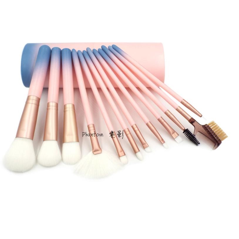 super new korea ชุดแปรงแต่งหน้า brush set พร้อมกระบอกแปรง set 12 ชิ้น (pink)