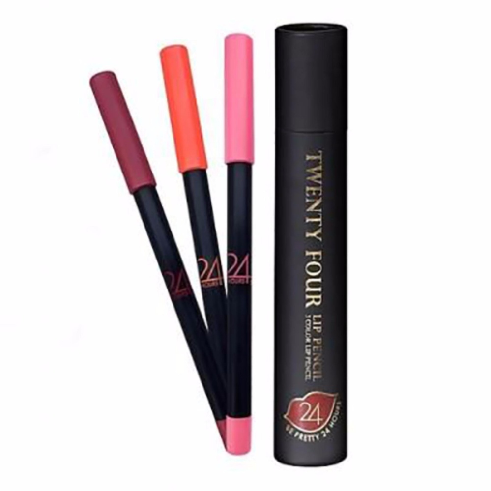 Twenty Foure Lip Pencils สวยครบจบในเซตเดียว เขียนได้ทั้งตา แก้ม และริมฝีปาก ประกอบไปด้วย สีชมพู แดง ส้ม สีแน่นจัดเต็ม เนื้อนิ่ม เขียนง่าย ติดทนนาน
