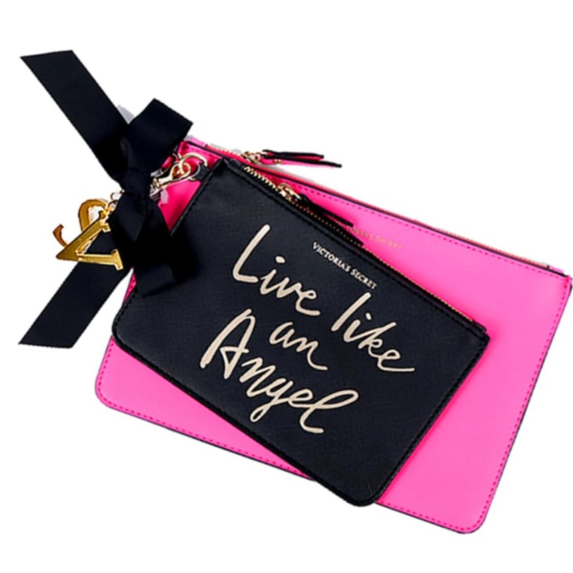 Victoria 's Secret Double Pouch Duo Pink with Gold Keychain รุ่น Limited Edition