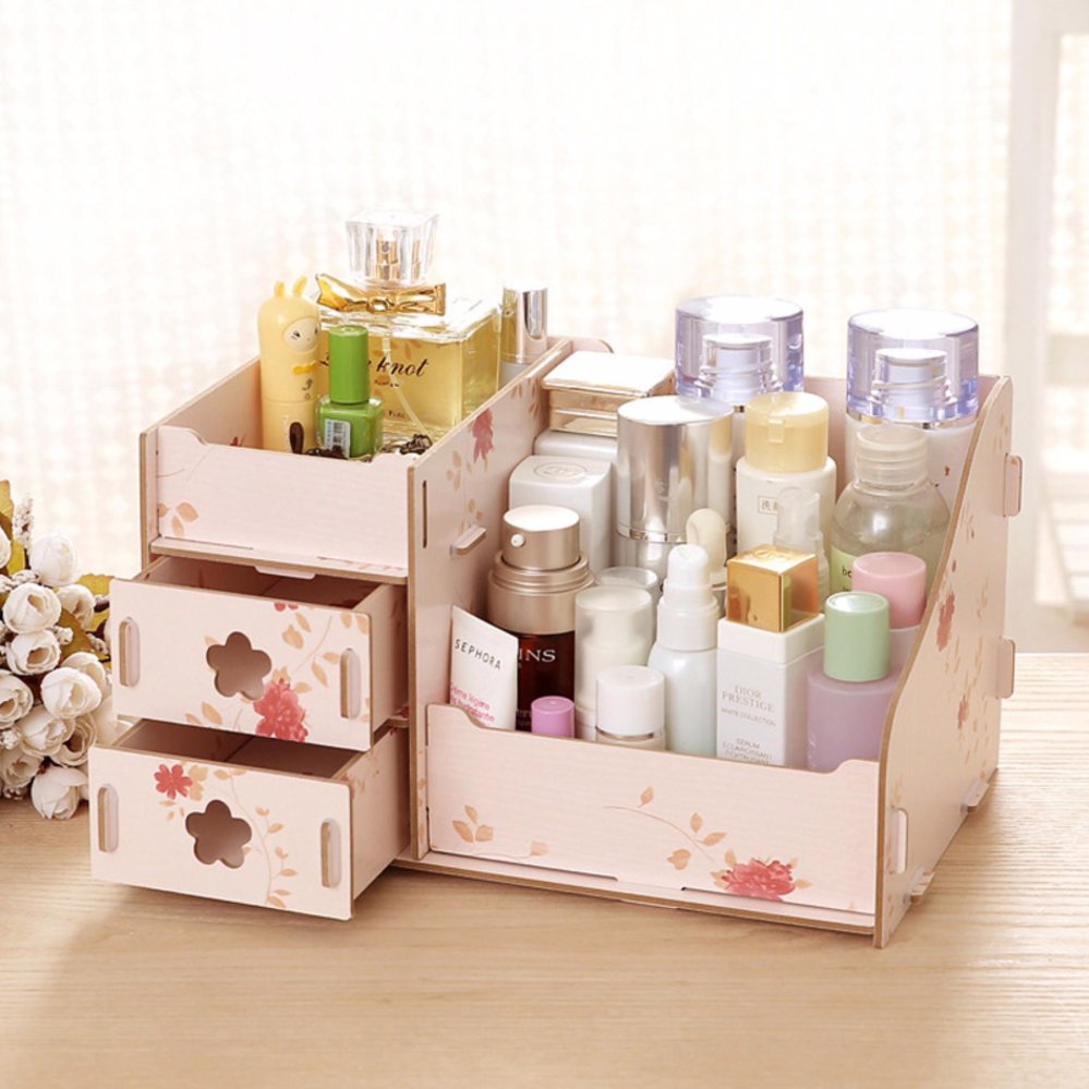 vivigift ชั้นวางเครื่องสำอางค์ ไม้ รุ่น flower pattern 07 ชมพู ลายกุหลาบ