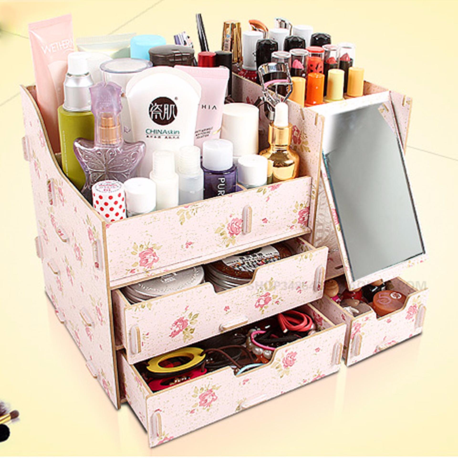 Vivigift Cosmetic ชั้นวางเครื่องสำอาง กล่องเก็บเครื่องสำอาง แบบมีกระจก สีชมพู กุหลาบลายใหญ่ Vivigift Cosmetic ชั้นวางเครื่องสำอาง กล่องเก็บเครื่องสำอาง แบบมีกระจก สีชมพู กุหลาบลายใหญ่