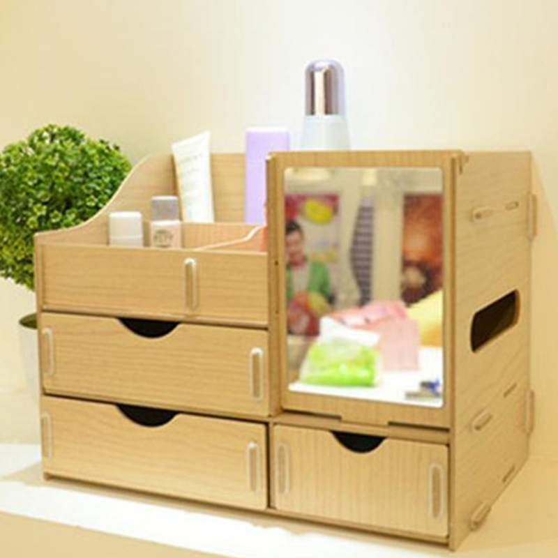 Vivigift Cosmetic ชั้นวางเครื่องสำอาง กล่องเก็บเครื่องสำอาง แบบมีกระจก ลายไม้ สีครีม