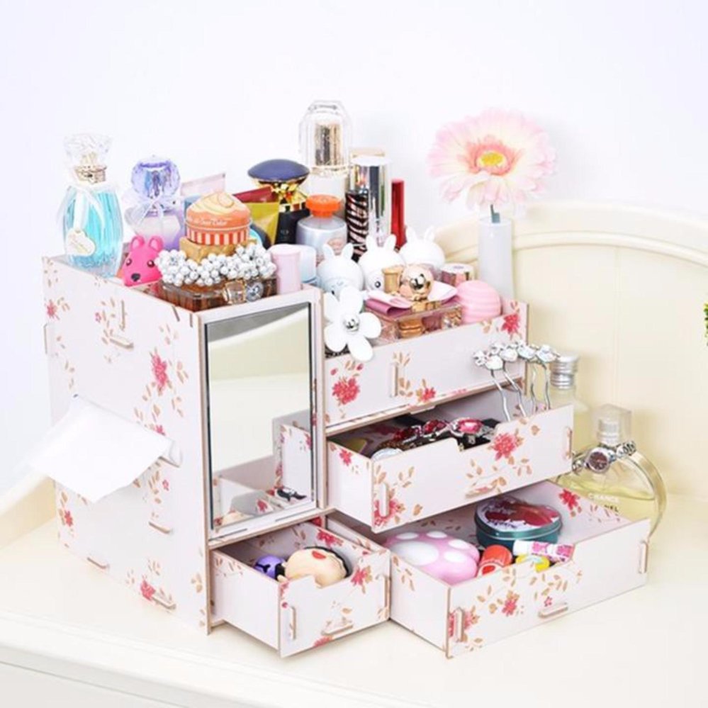 Vivigift Cosmetic ชั้นวางเครื่องสำอาง กล่องเก็บเครื่องสำอาง แบบมีกระจก ลายไม้ สีครีม
