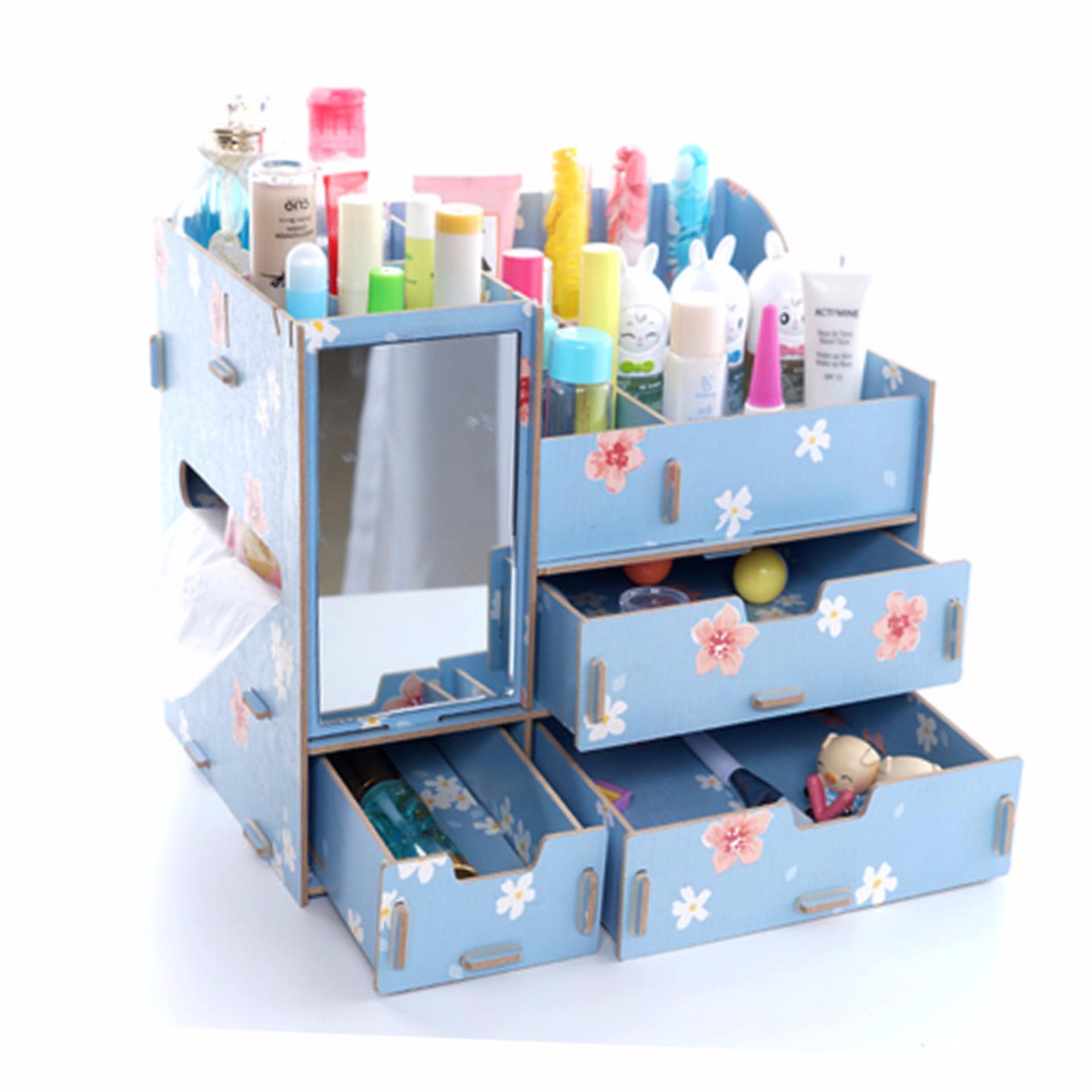 Vivigift Cosmetic ชั้นวางเครื่องสำอาง กล่องเก็บเครื่องสำอาง แบบมีกระจก ลายไม้ สีครีม
