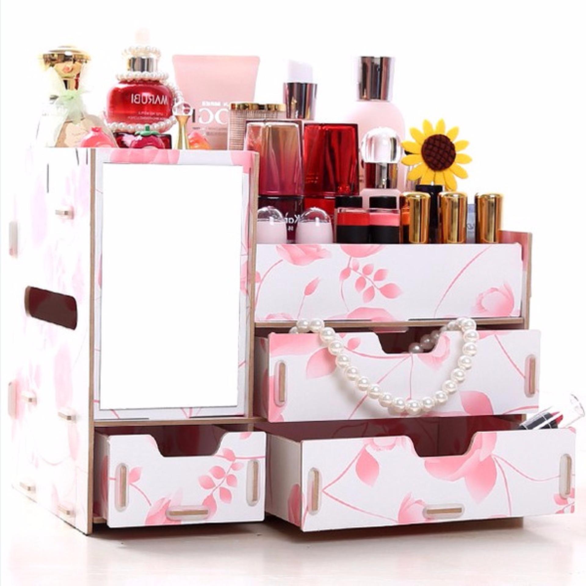 Vivigift Cosmetic ชั้นวางเครื่องสำอาง กล่องเก็บเครื่องสำอาง แบบมีกระจก สีชมพู กุหลาบลายใหญ่ Vivigift Cosmetic ชั้นวางเครื่องสำอาง กล่องเก็บเครื่องสำอาง แบบมีกระจก สีชมพู กุหลาบลายใหญ่