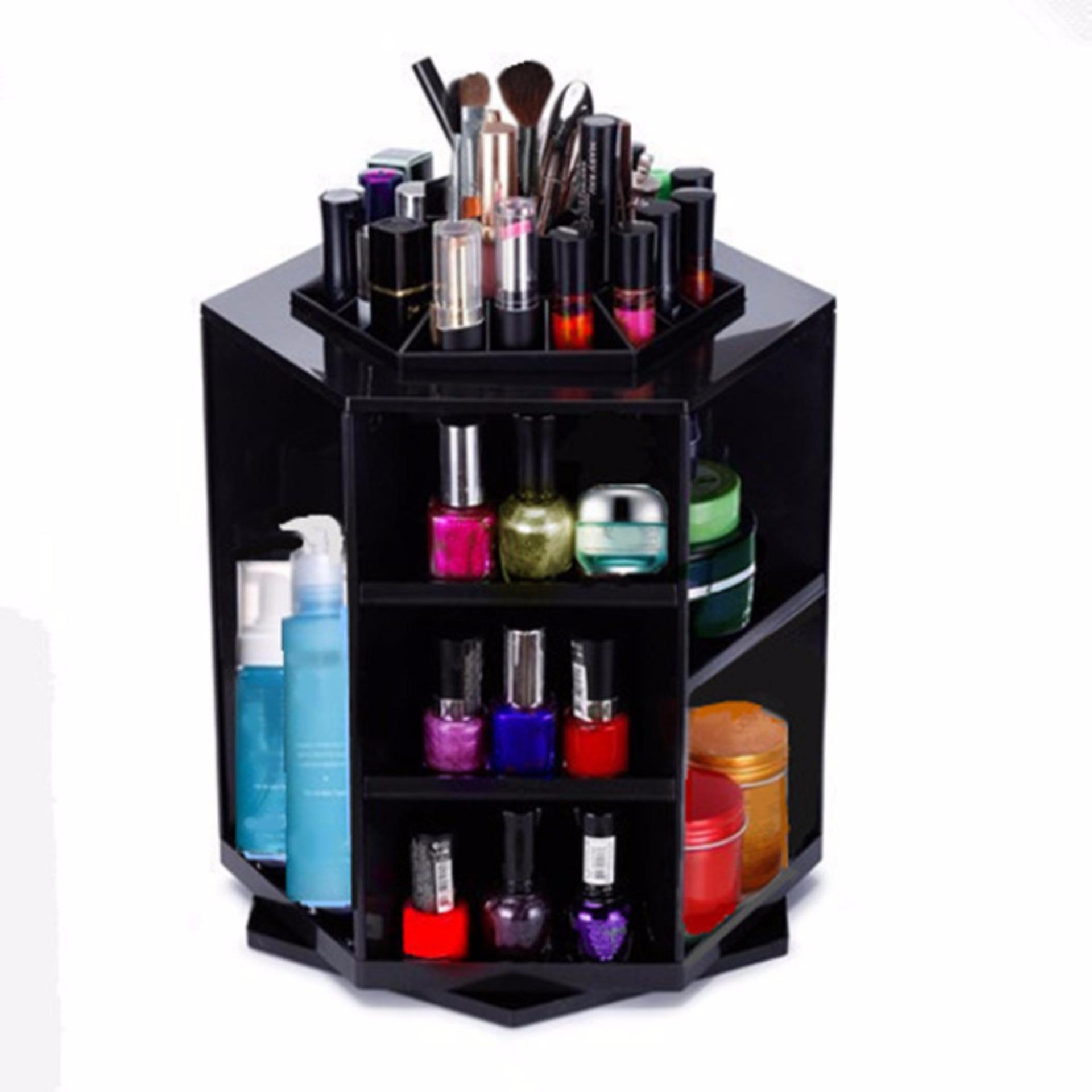 YHL กล่องเครื่องสำอาง ชั้นวางเครื่องสำอาง หมุนได้ 360 องศา ทรงหกเหลี่ยม สีดำ