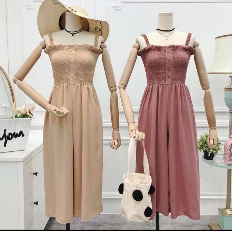 BAIFA SHOP NO.808 เดรสยาว กางเกง แม็กซี่สายเดี่ยว กระดุมหน้า ผ้าโฟร์เวย์ทั้งชุด ทรงเก๋ สีโทนเรียบ ปล่อยระบาย กำลังดี เอวปล่อย สม็อค
