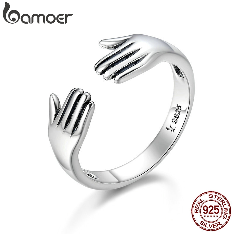 Bamoer Sterling Silver Double Layer Give Me A Hug Ring Hand Love