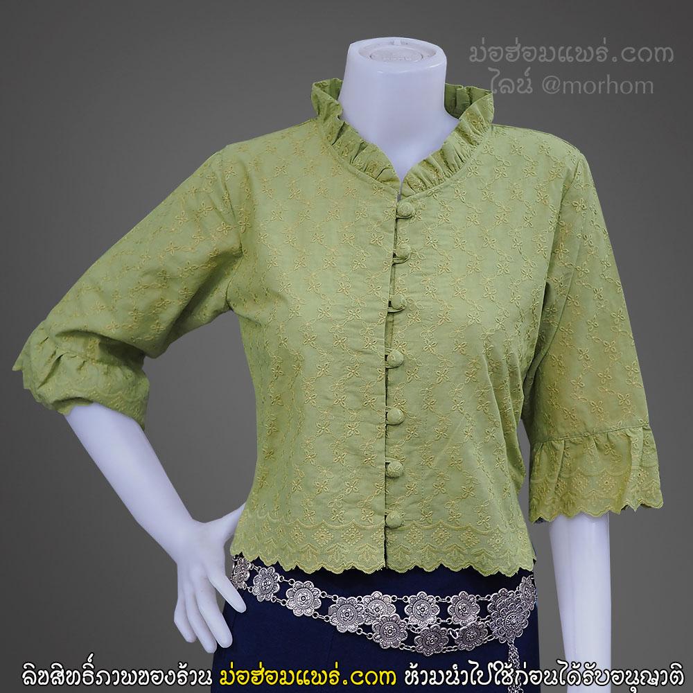 ลูกไม้ คอแขนระบาย สีเขียว (ชาเขียว) เนื้อผ้าลูกไม่อย่างดี ( TW-LM-17 )