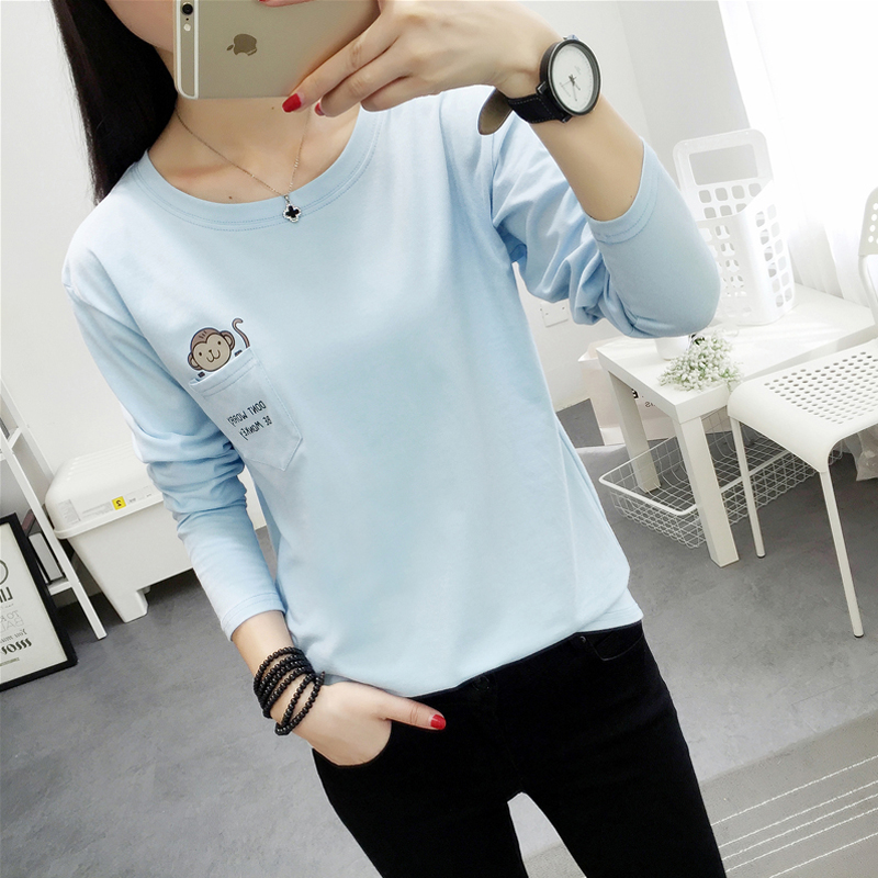 เสื้อยืดแขนยาวหญิงสำหรับฤดูใบไม้ร่วงเสื้อผ้าสตรี 2016 ใหม่น้ำสไตล์เกาหลีหลวมการ์ตูนเสื้อผ้าชุดนักเรียนเสื้อยืดหญิง