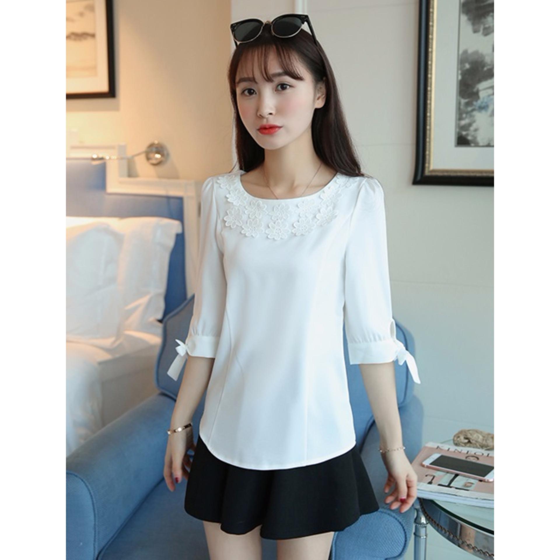 เสื้อแฟชั่นเกาหลีแขน 3 ส่วน เข้ารูปทรงสวย ตกแต่งลายดอกไม้ Shirts Chiffon